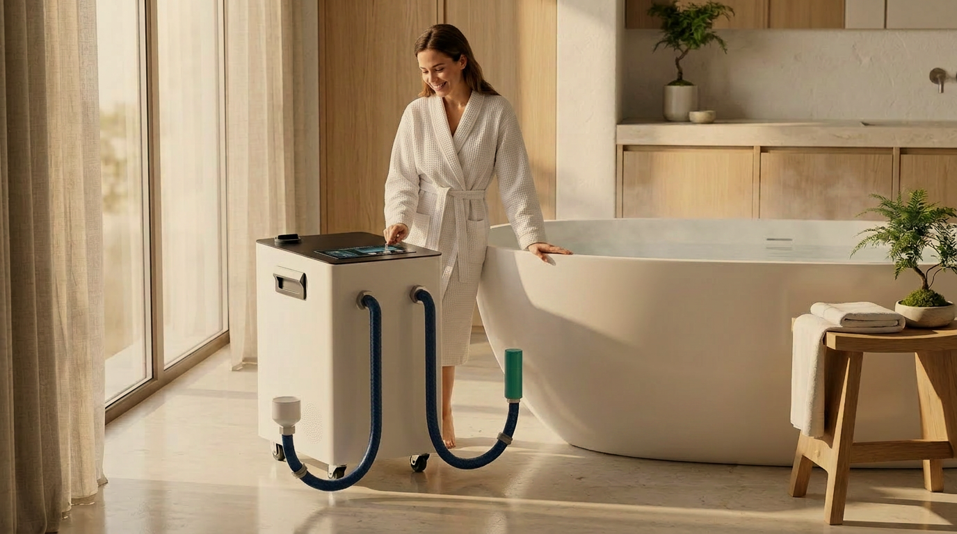 Adult preparing a hydrogen bath with the HERO Bath system beside a freestanding bathtub in a quiet home bathroom.