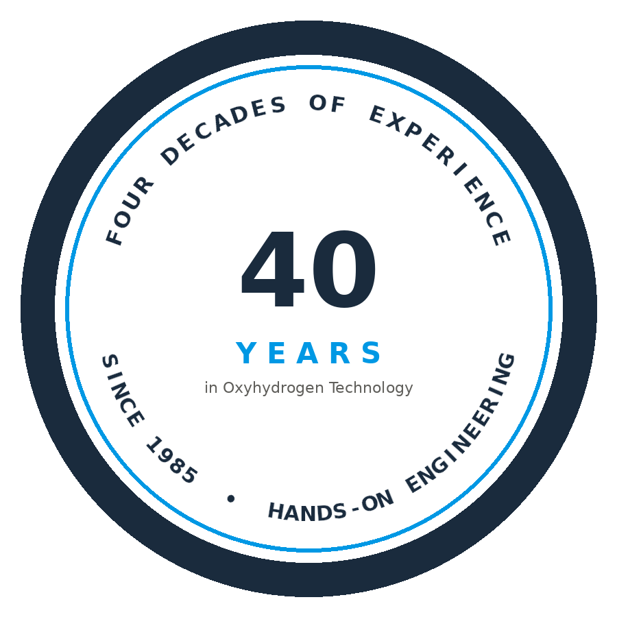 Four decades of experience — 40 years in oxyhydrogen technology, hands-on engineering since 1985.