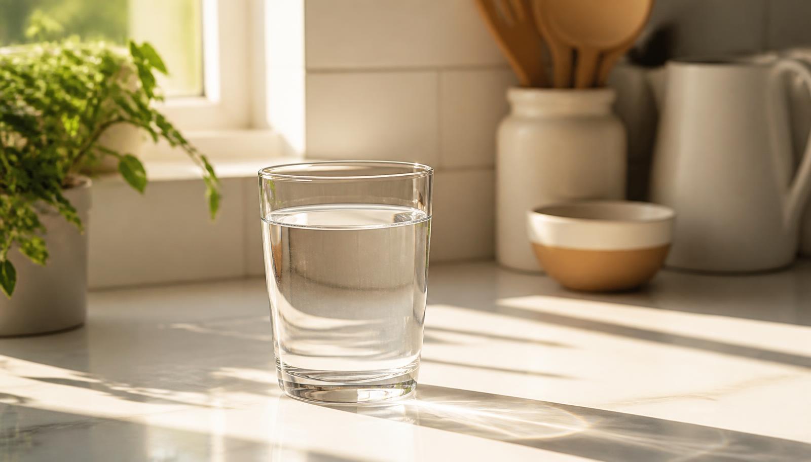 A sunlit kitchen counter in early morning light with a glass of water, a small plant and clean simple surfaces
