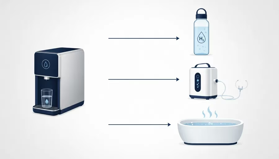 HERO Purity 200-110 RO water system supplying RO-pure water to a hydrogen water bottle, a hydrogen inhalation system and a hydrogen bath