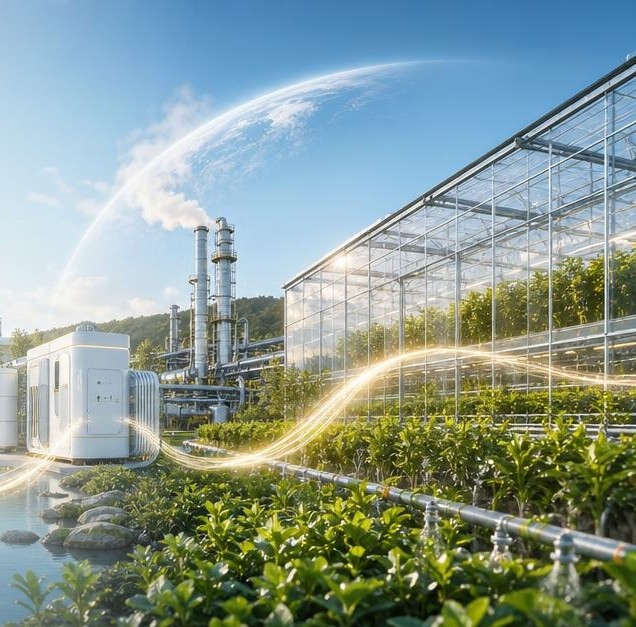 YBG Group — hydrogen across wellness, clean air and food security: industrial hydrogen equipment beside a glasshouse, with Earth on the horizon