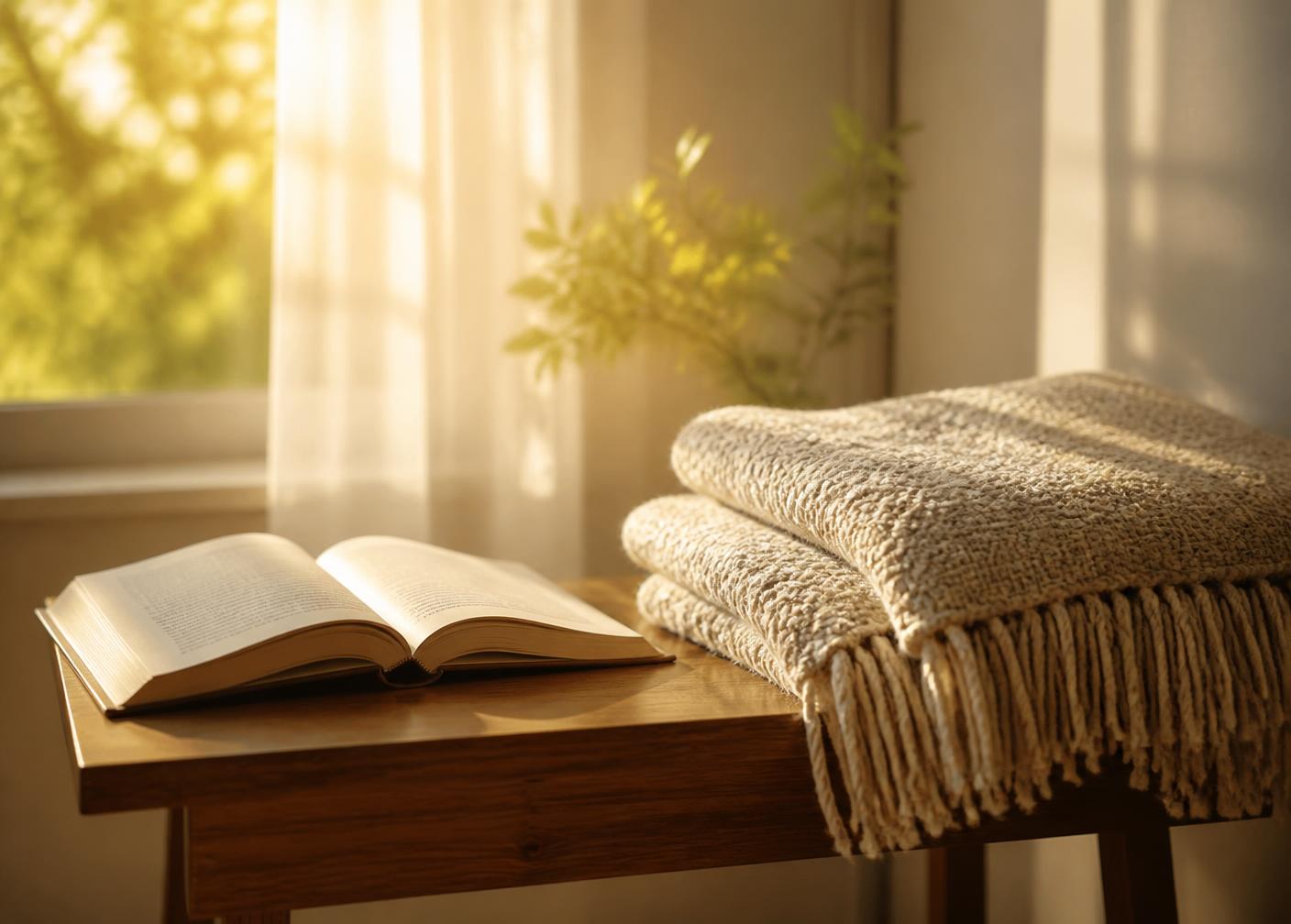 A folded throw blanket and an open book on a wooden side table in soft afternoon window light.