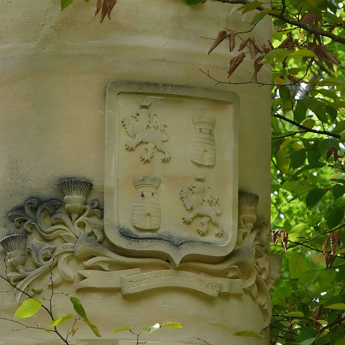 Carved stone coat of arms at Château de Chabans