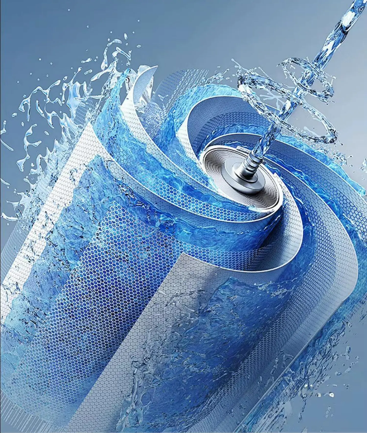 Cutaway of the spiral-wound 0.0001 micron reverse-osmosis membrane used in the HERO RO Dual 10