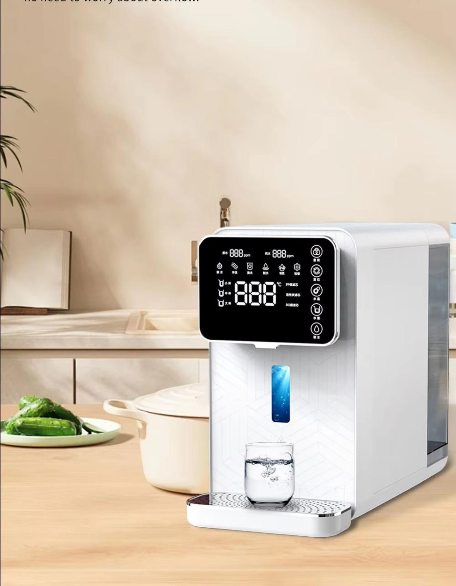 HERO RO Dual 10 dispensing water into a glass on a kitchen counter
