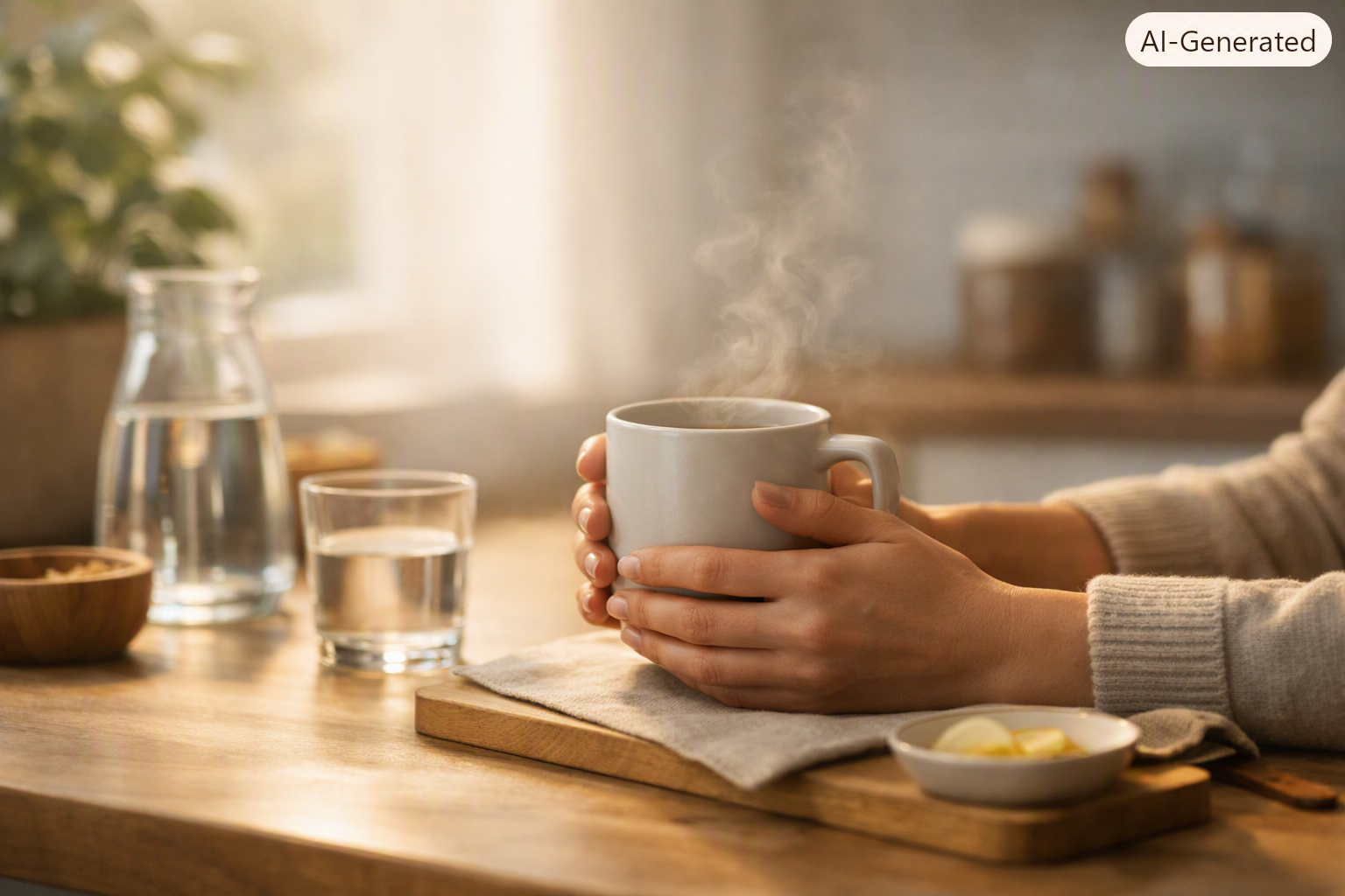 A quiet, warm kitchen counter with hands and a glass of water — calm morning ritual