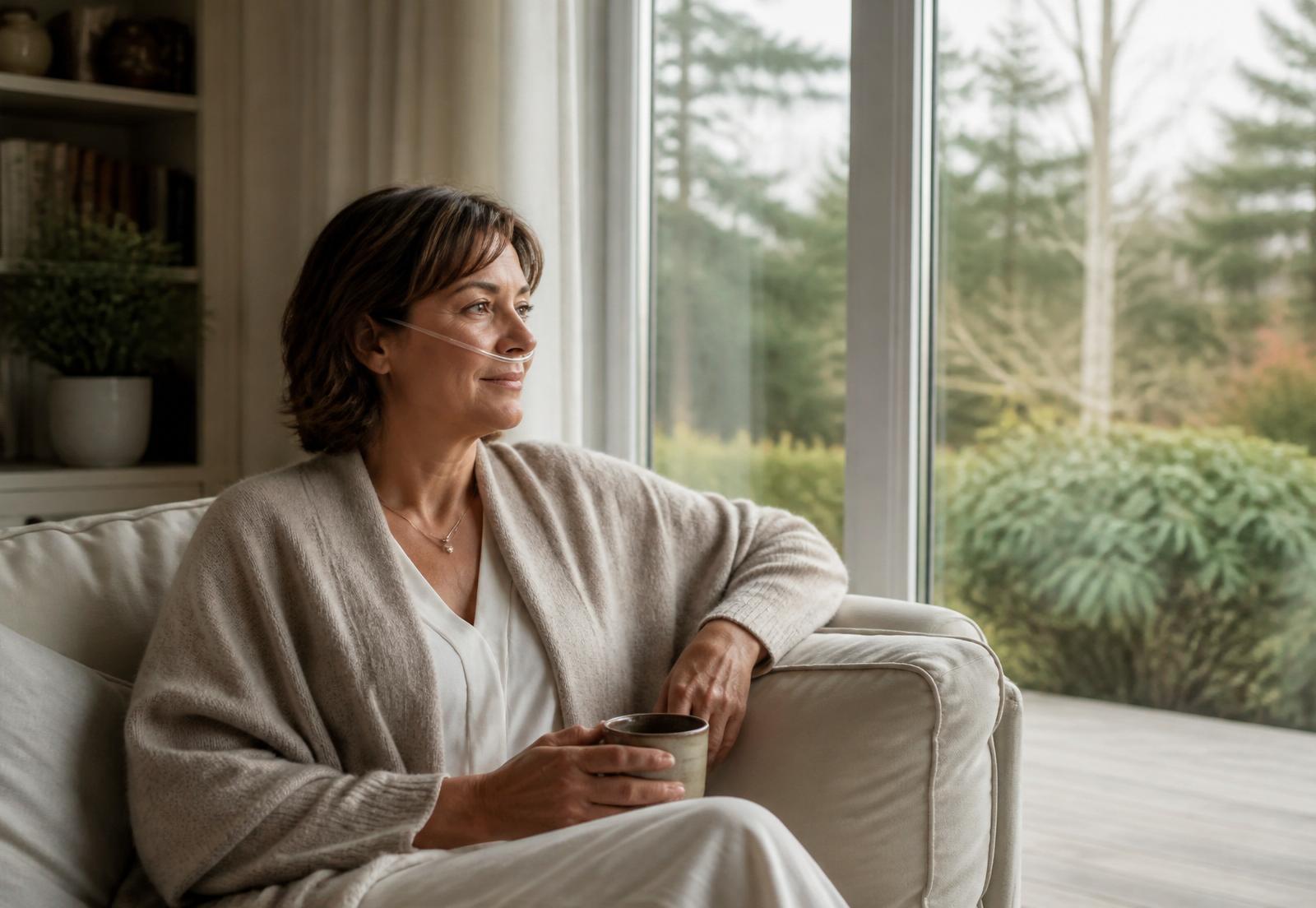 Adult seated on a sofa by a large window with a garden view, wearing a nasal cannula during a relaxed mid-morning hydrogen inhalation session.