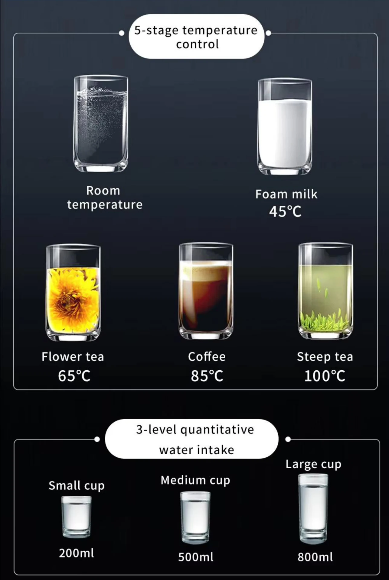 HERO RO Dual 10 temperature and pour settings: room temperature, 45°C foam milk, 65°C flower tea, 85°C coffee, 100°C steep tea; 200 ml, 500 ml and 800 ml cup sizes