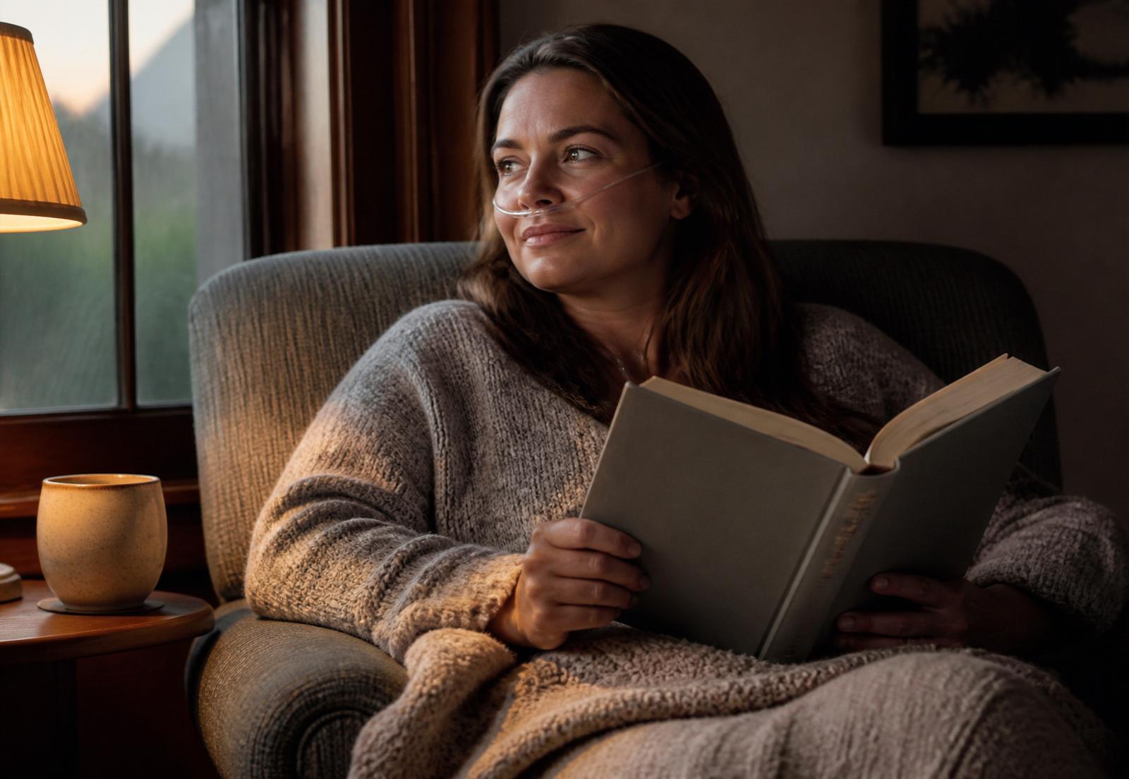Adult relaxing in a reading chair by a window in soft evening lamplight, wearing a nasal cannula during a quiet wind-down hydrogen inhalation session.