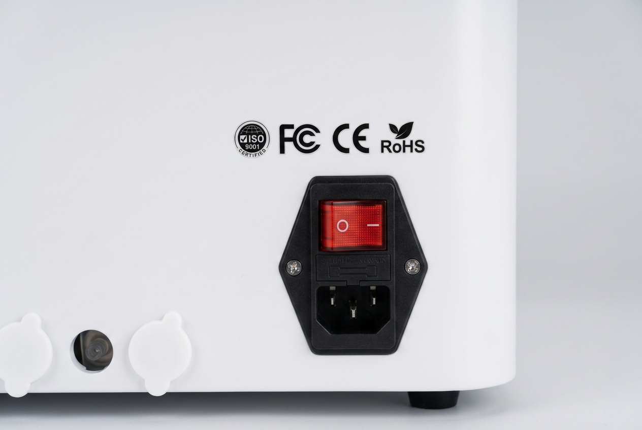 Certification marks (ISO 9001, FCC, CE, RoHS) printed above the power switch on the rear panel of a Hydrogen Machines unit
