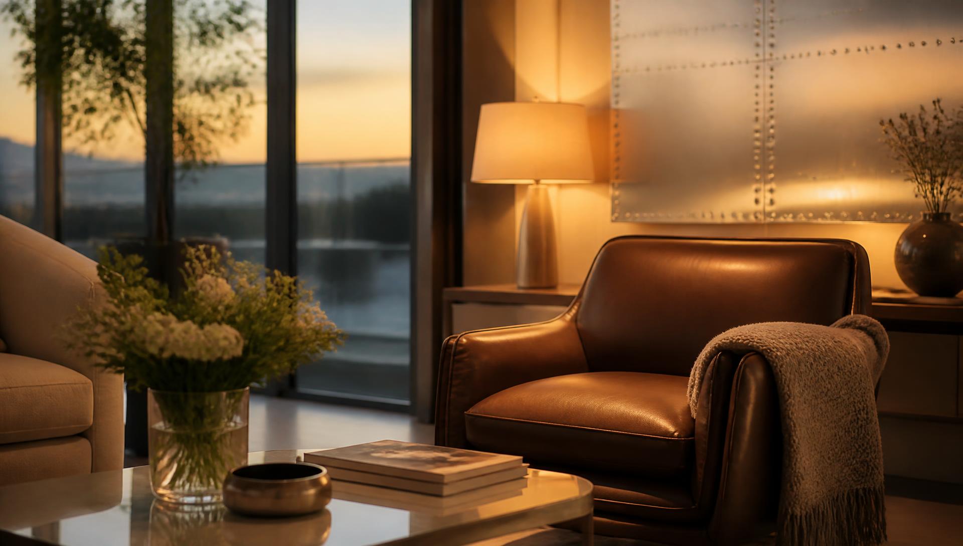 A quiet, softly lit living space in the early evening with warm lamp light, rich leather seating and a subtle metallic accent — calm, refined and premium.