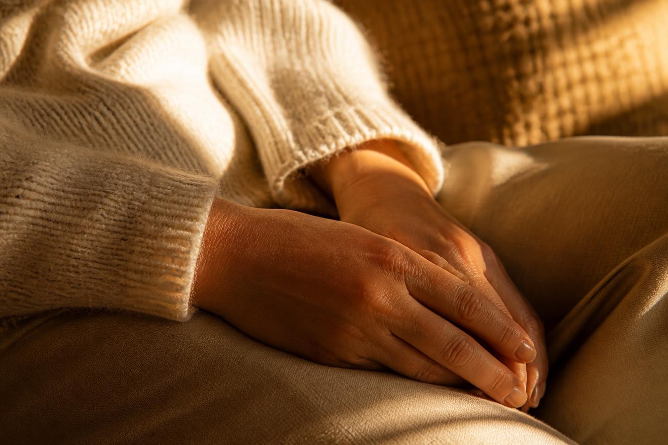 Hands resting loosely in a lap in warm afternoon light — a close, quiet moment of stillness at home.