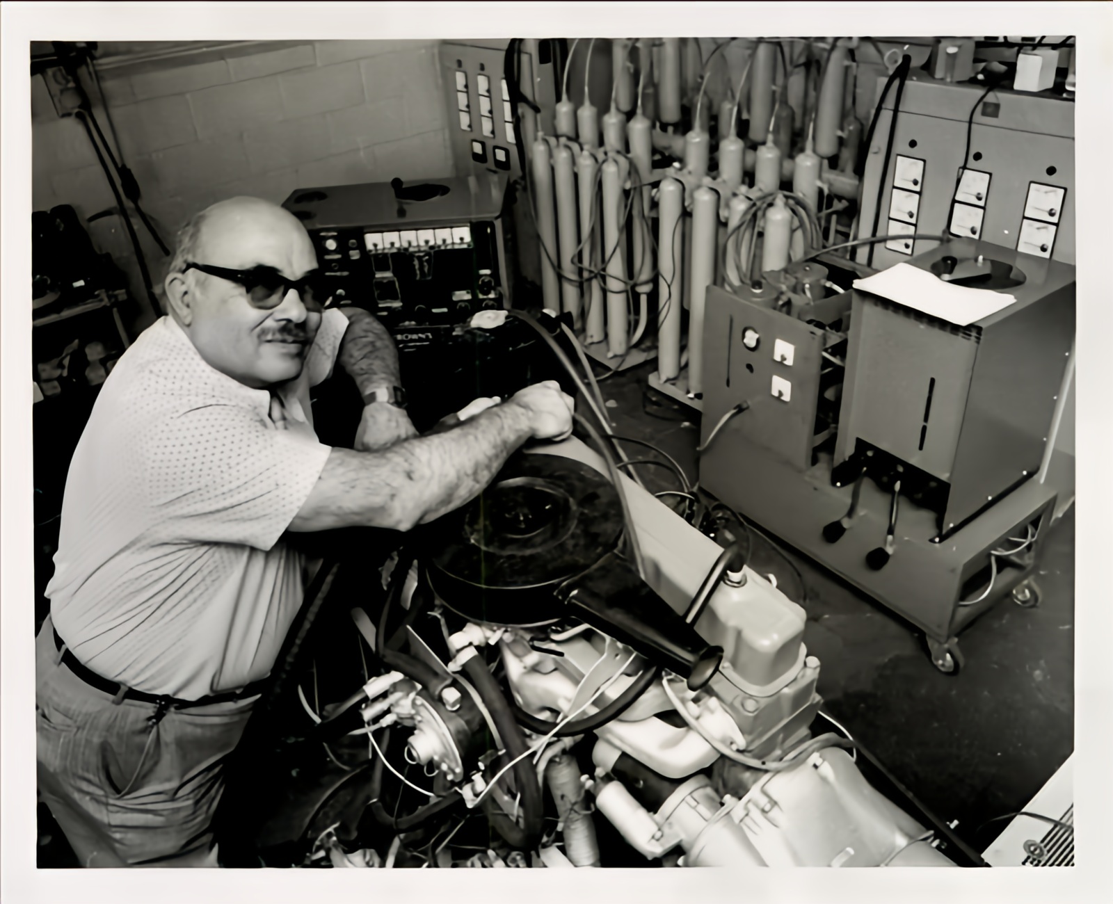 Yull Brown's laboratory with electrolysis equipment and engine test rig in Concord, Sydney