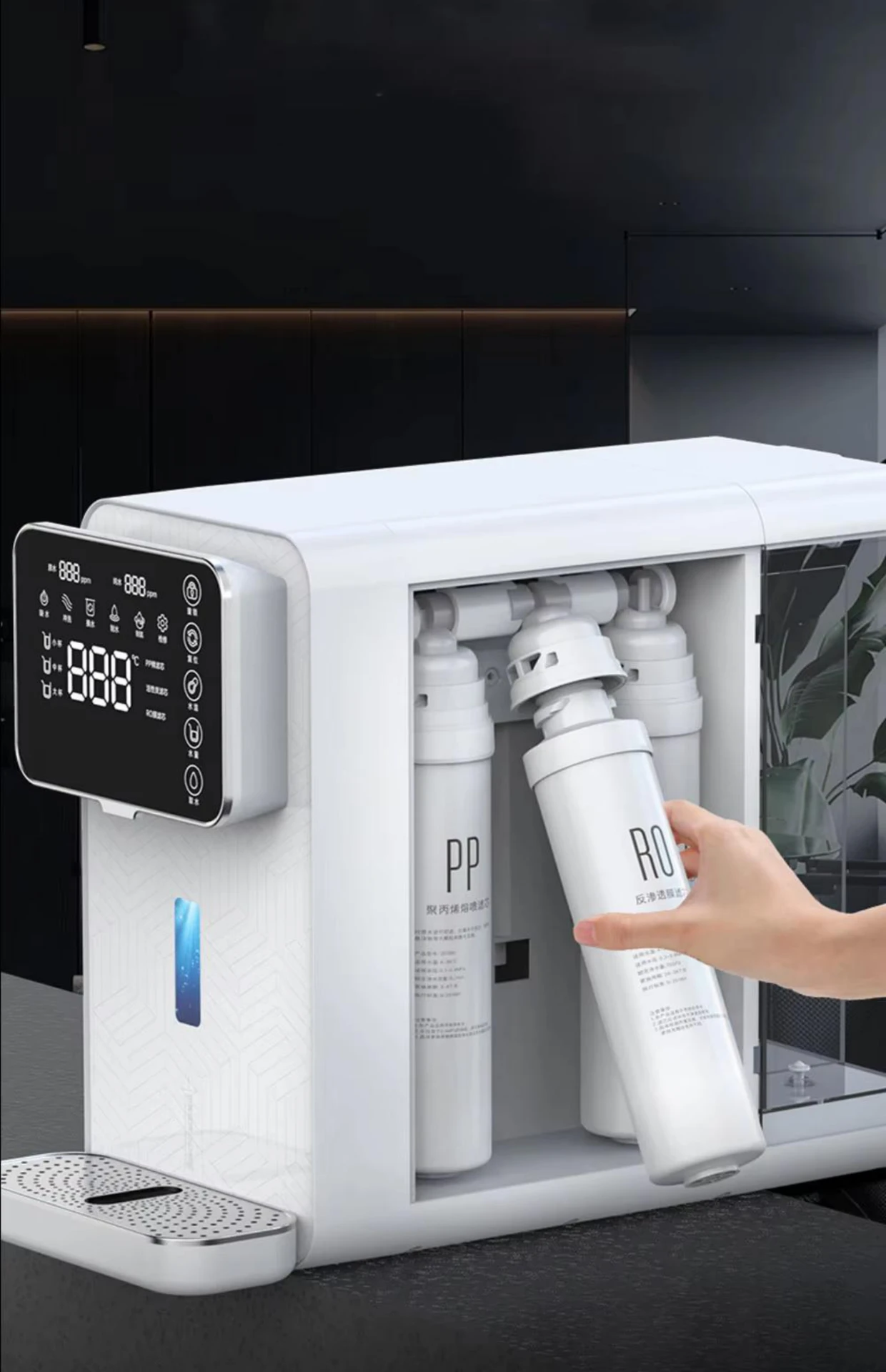 Hand replacing the RO cartridge in the HERO RO Dual 10 filter bay in three seconds, no tools required