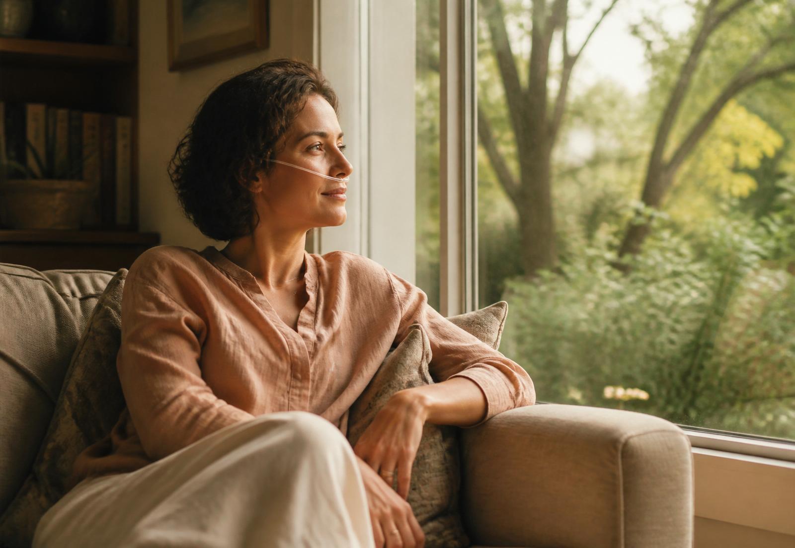 A person seated by a window during a quiet hydrogen inhalation session with a nasal cannula.