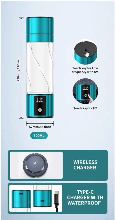 QY01 assembly diagram showing bottle dimensions, touch keys for UV and H2 modes, wireless charger and Type-C charging