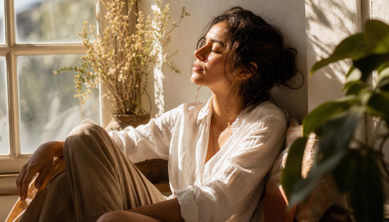 Person seated comfortably in a softly lit room with natural window light, eyes closed in a quiet pause.