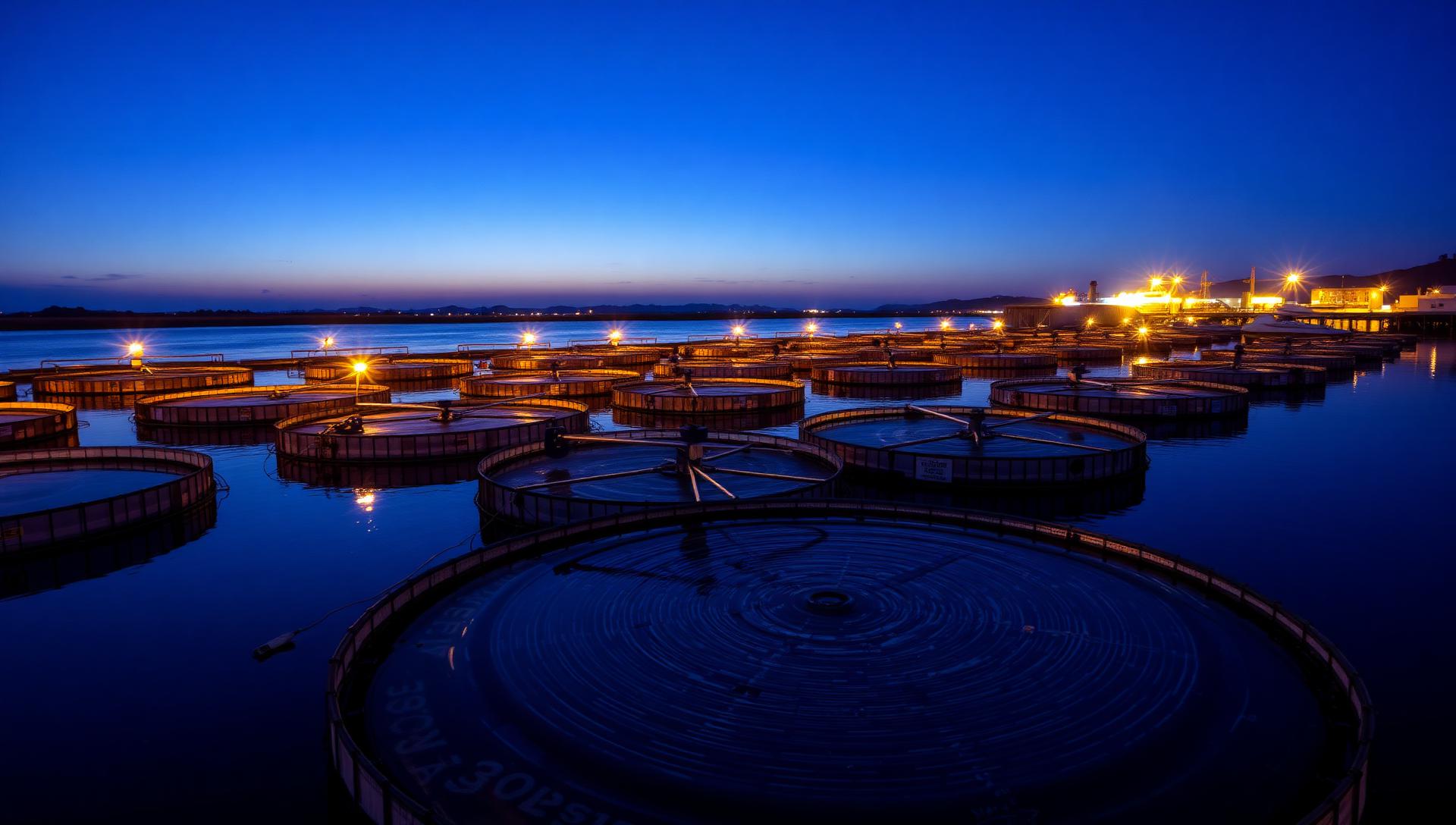 Aquaculture fish farm at twilight with circular tanks and floating pens on calm water under a deep blue evening sky