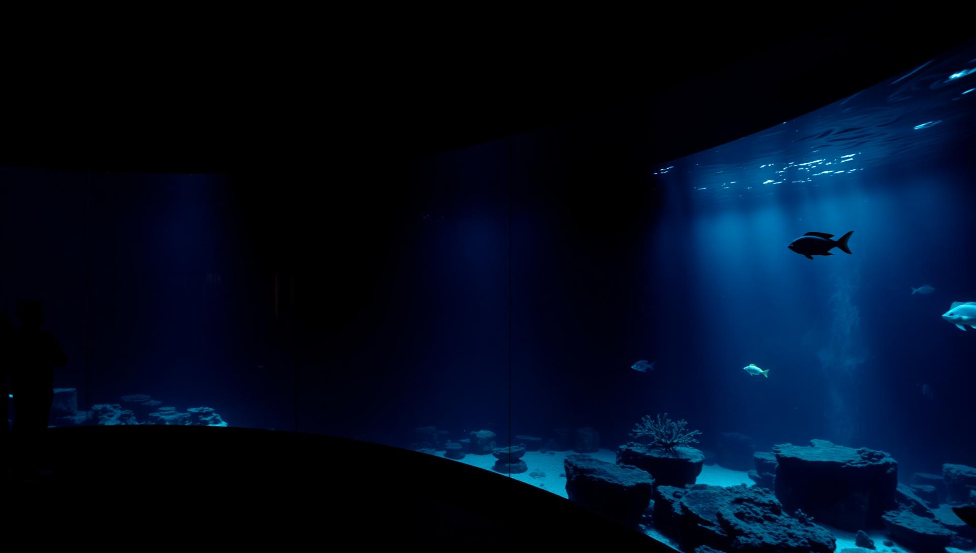 Large aquarium display tank at night, deep blue illuminated water with fish silhouettes seen from a dark viewing gallery