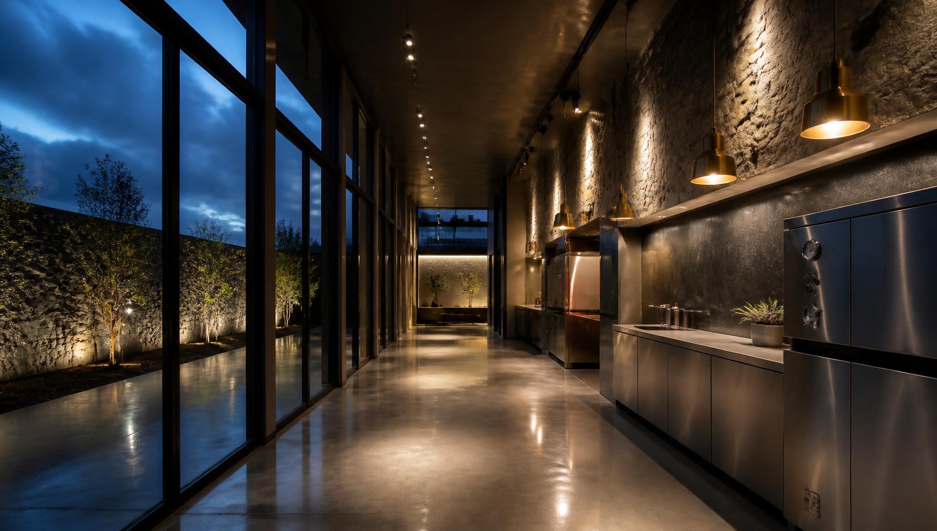 Empty wellness facility corridor at dusk — warm pendant lighting, stainless equipment cabinetry and a cool blue evening sky through a glass facade