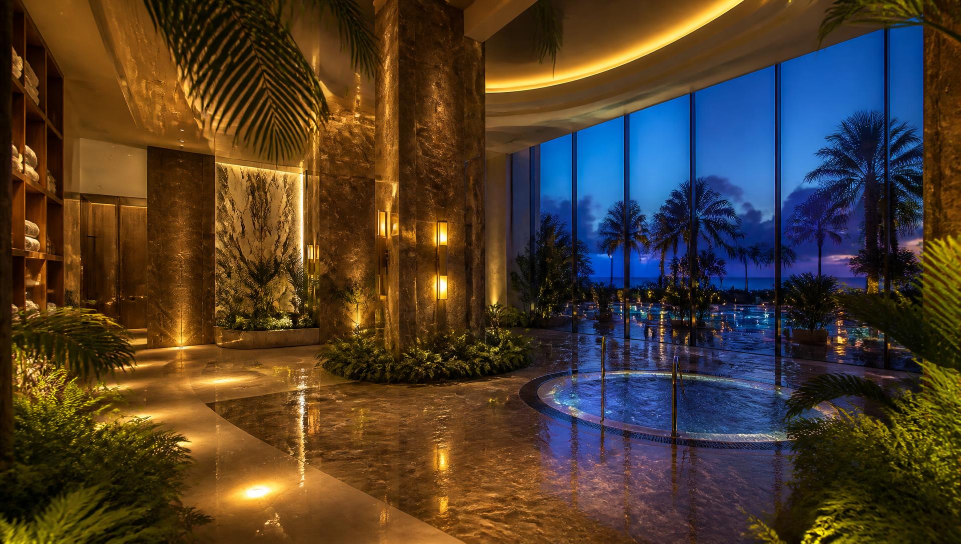 Empty luxury hotel spa wet area at dusk — warm sconce lighting, marble detailing, reflective floor and palms against a twilight sky