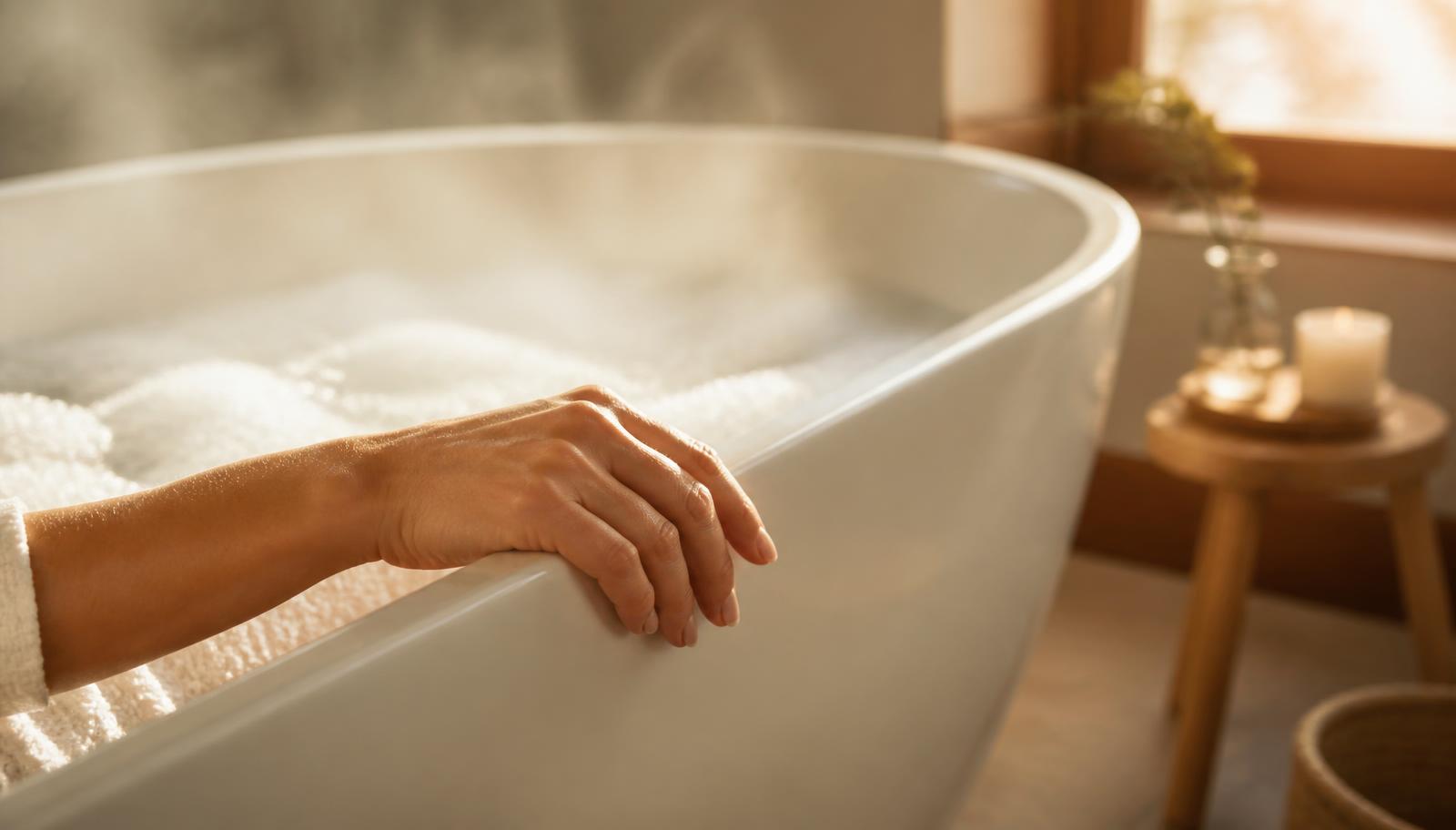 A hand resting on the edge of a freestanding bathtub filled with warm, finely bubbled water in soft afternoon light