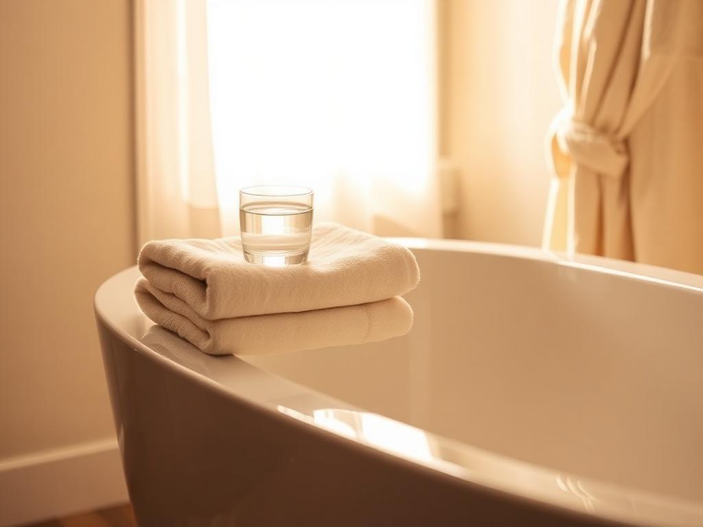 A folded towel and glass of water rest on the edge of a freestanding bathtub in warm, natural light — a quiet detail before the next hydrogen bath session