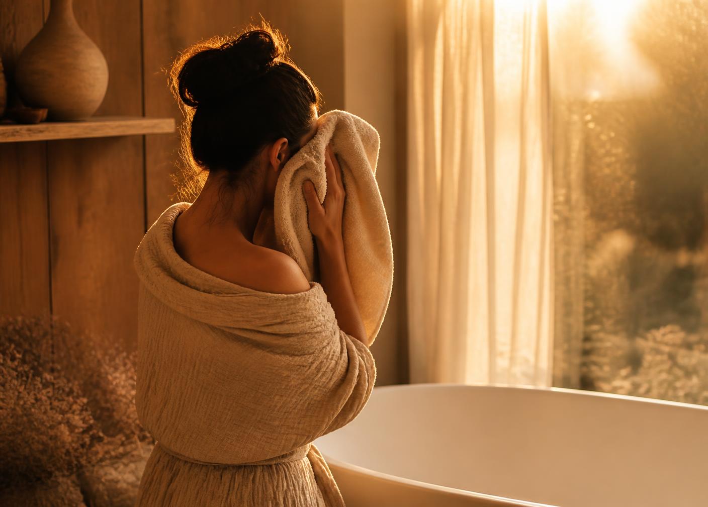 Person in a soft robe drying off beside a freestanding bathtub in warm late-afternoon light.