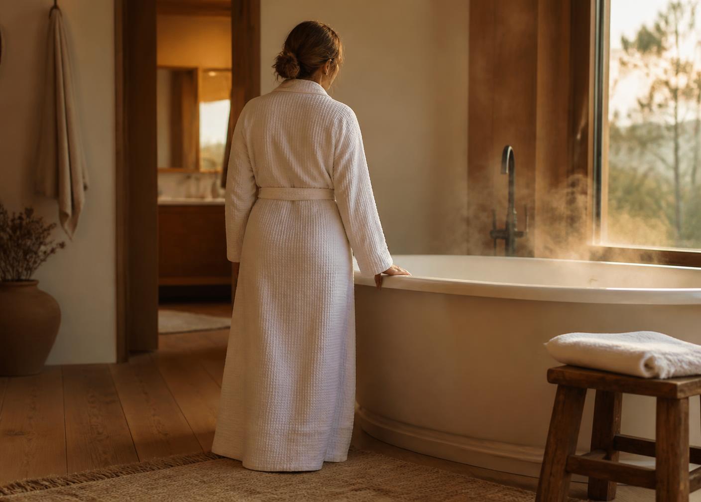 Person in a bathrobe standing beside a steaming freestanding bathtub in a naturally lit bathroom at early evening.
