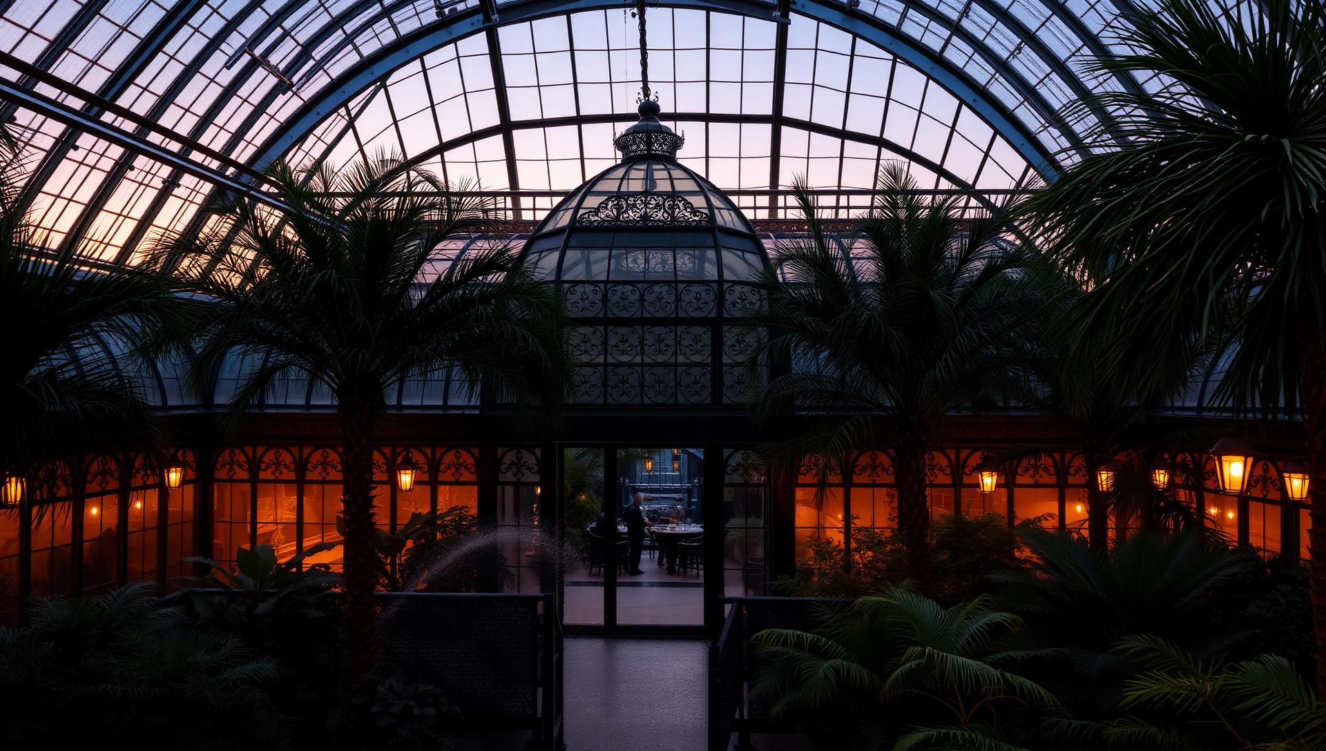 Botanic garden conservatory interior at dusk with glass and iron structure, palms and warm lantern lighting against a twilight sky