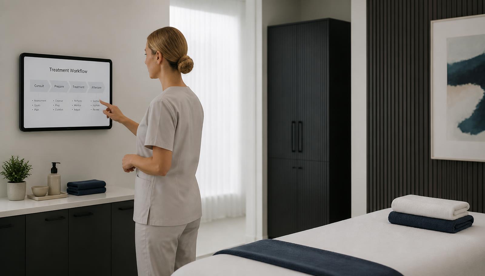 Modern US clinic treatment room prepared for back-to-back sessions