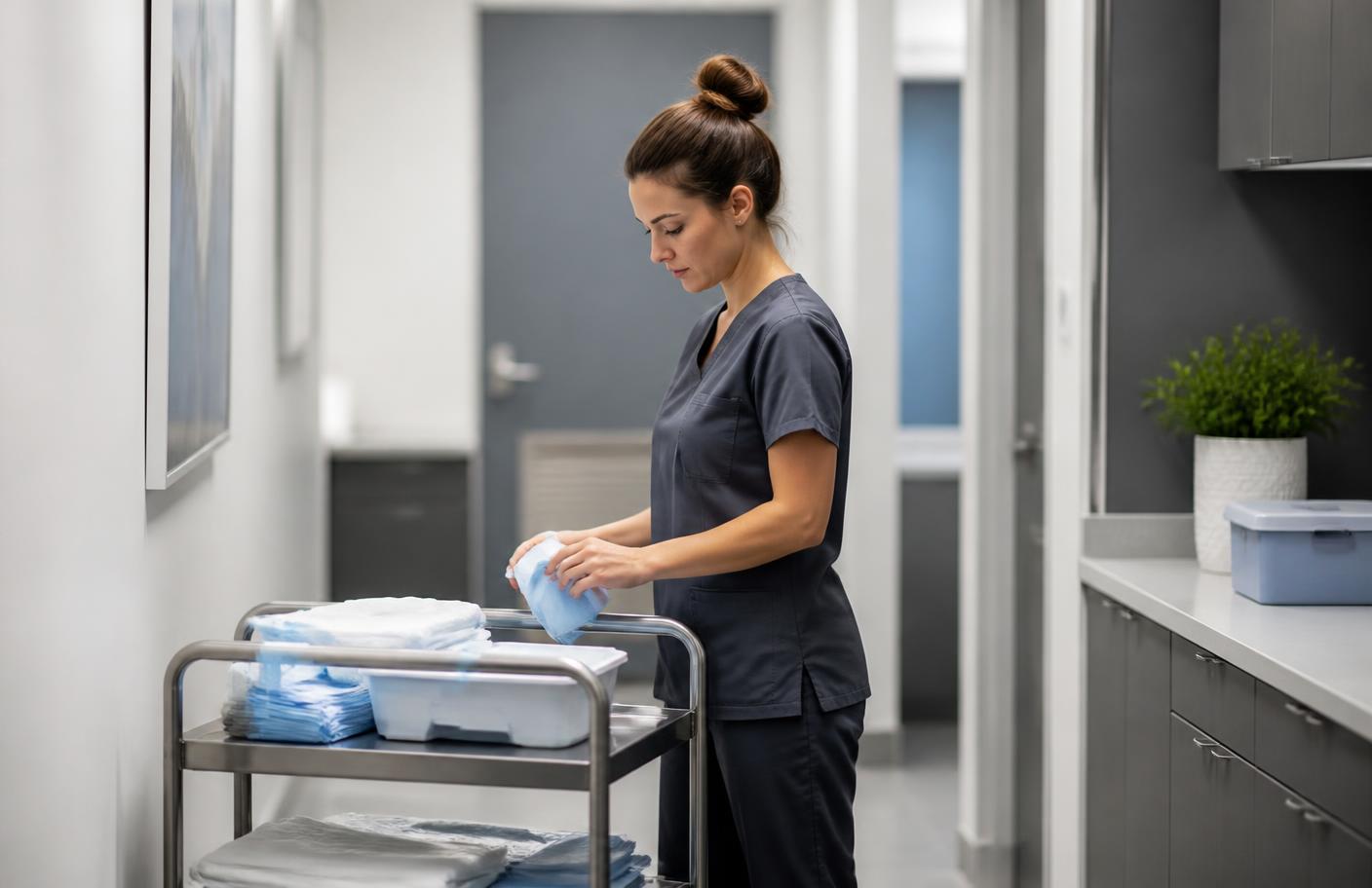US clinic workflow: purified water and prepared consumables in a neutral clinical room