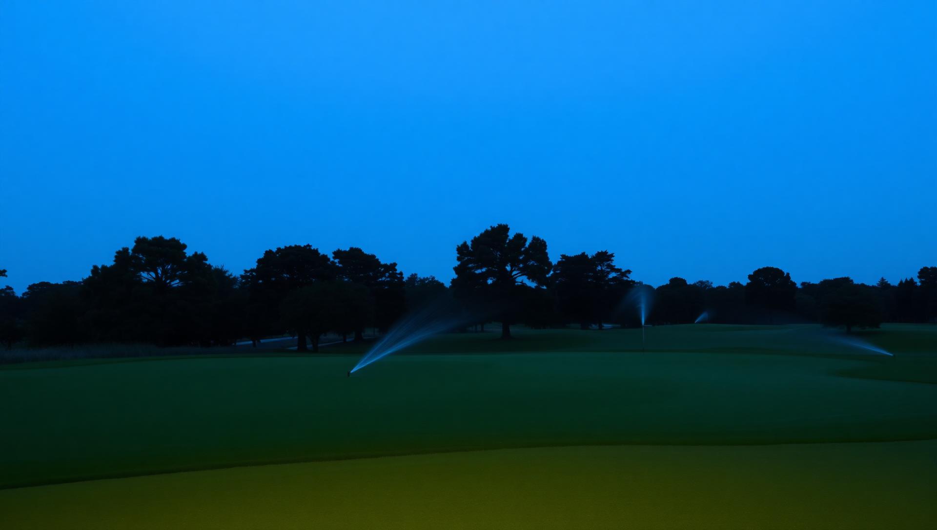 Golf course green and fairway at twilight with irrigation sprinklers throwing arcs of water under a deep blue evening sky