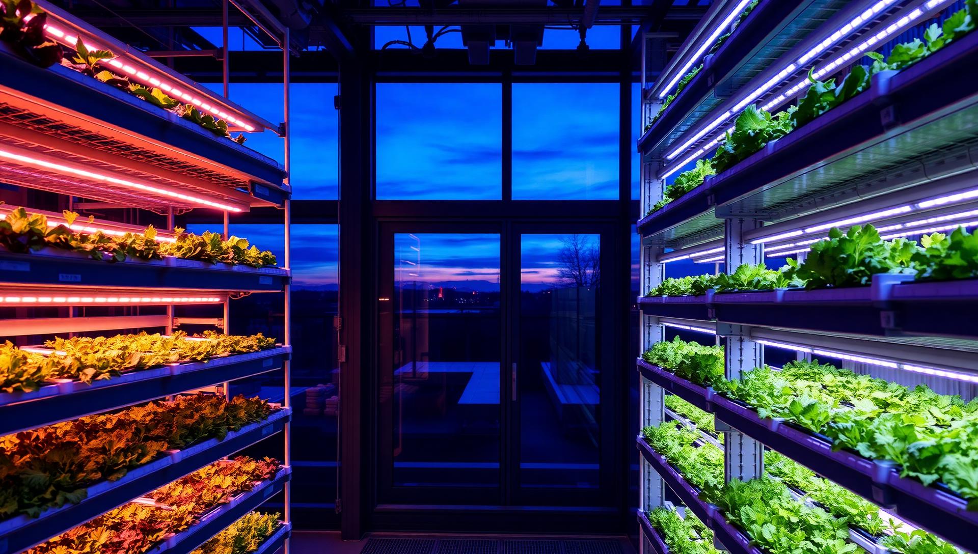 Indoor vertical hydroponic farm at twilight with stacked growing racks, nutrient channels and coloured grow lighting beside a glass facade