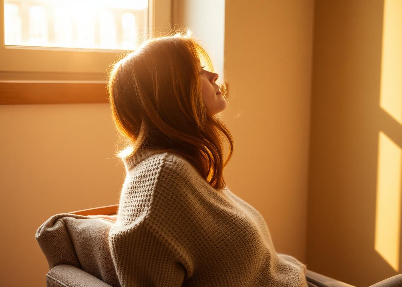 Person resting in a chair beside a sunlit window in warm late-afternoon light, eyes closed and face turned away.