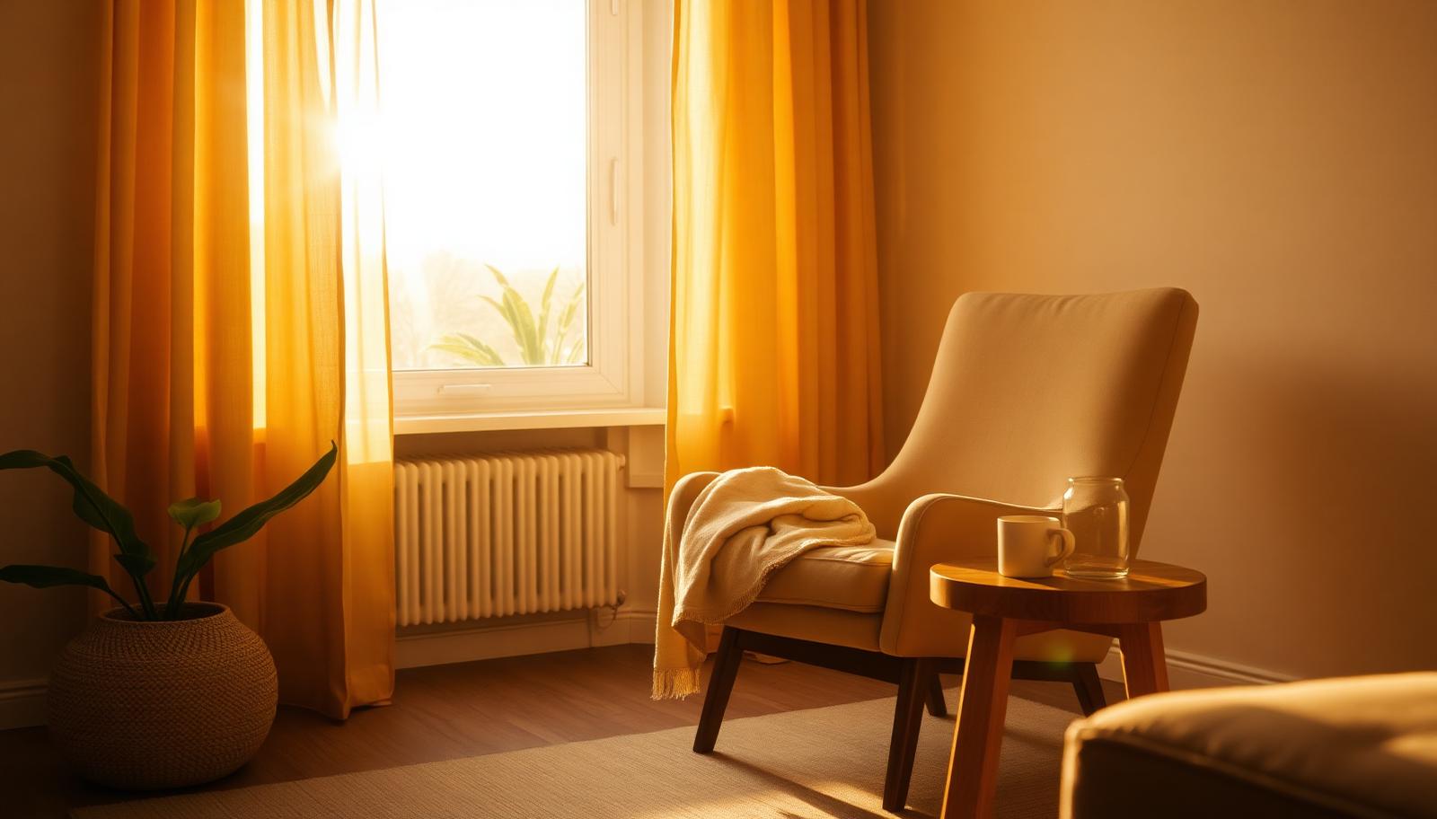 An armchair beside a sunlit window in early morning light, with a folded throw and a cup on a timber side table