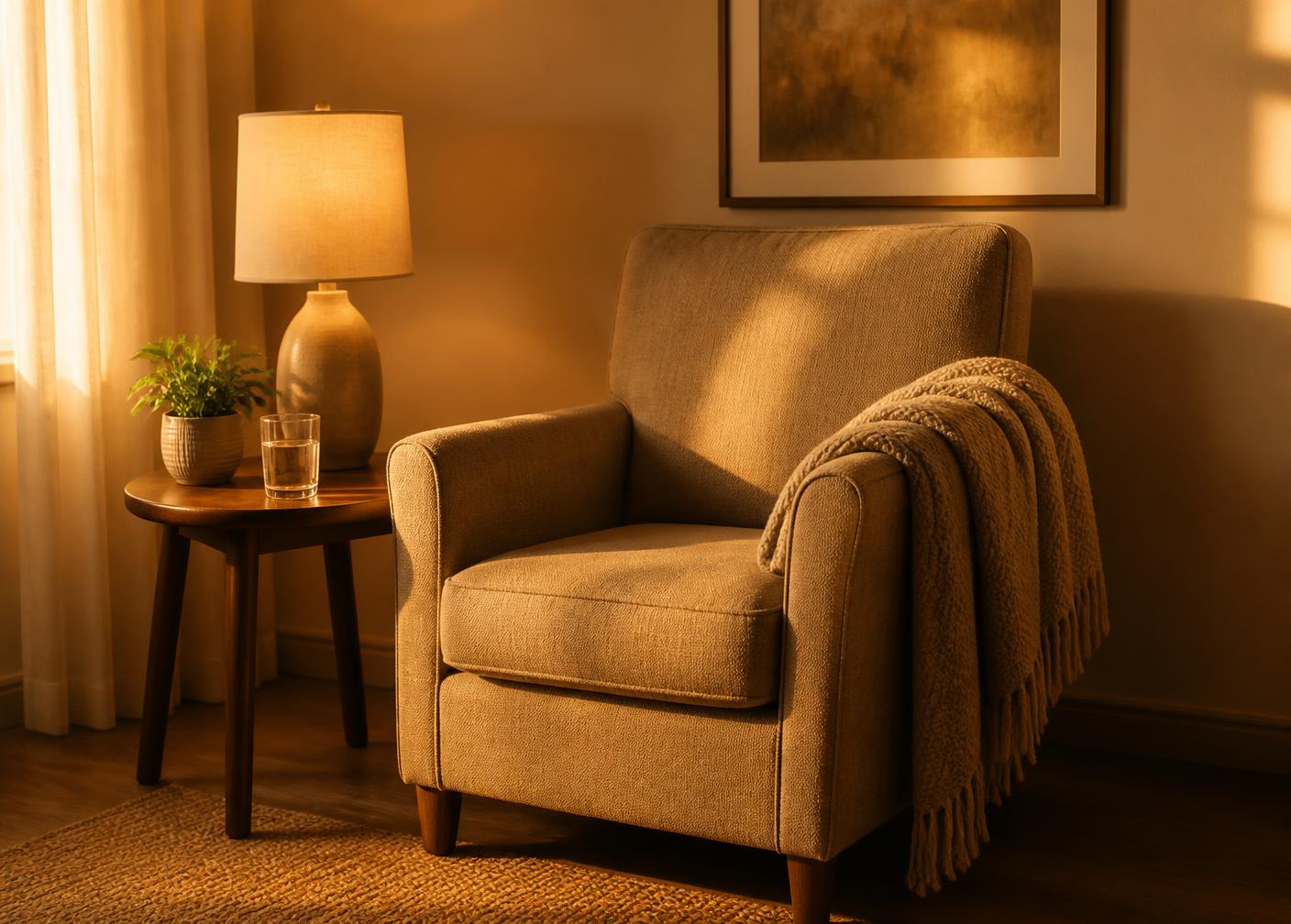Quiet professional wellness recovery room at the end of the day, with a comfortable armchair, folded throw blanket, side table with a glass of water and a small plant, and soft lamp light.
