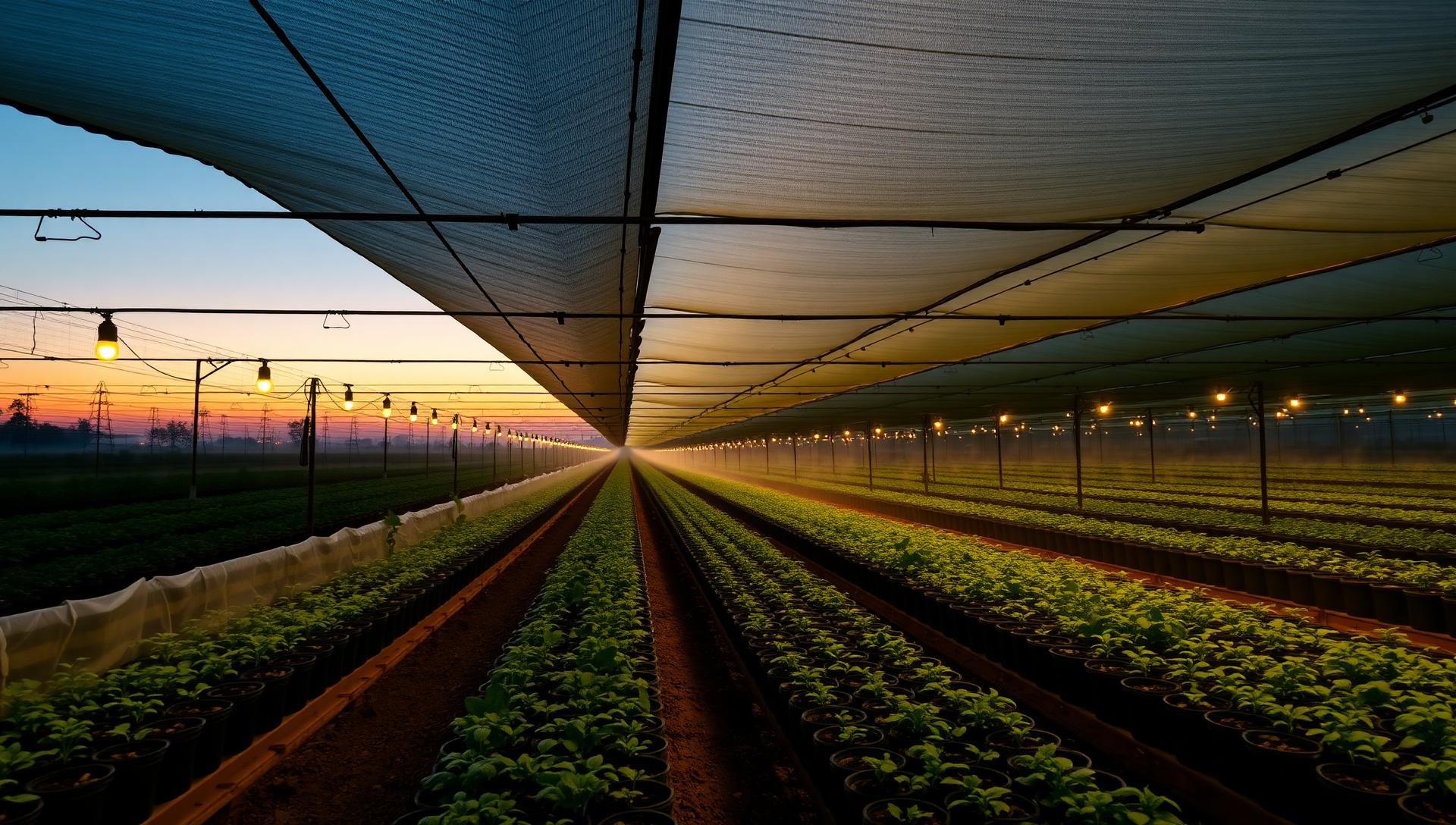 Commercial plant nursery at dusk with long benches of potted seedlings under shade cloth and irrigation misting against a twilight sky