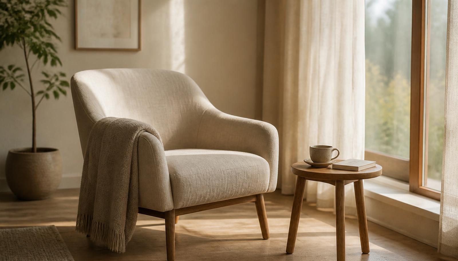 An empty linen armchair beside a sunlit window with sheer curtains, a folded throw over the arm and a ceramic cup and book on a small timber side table