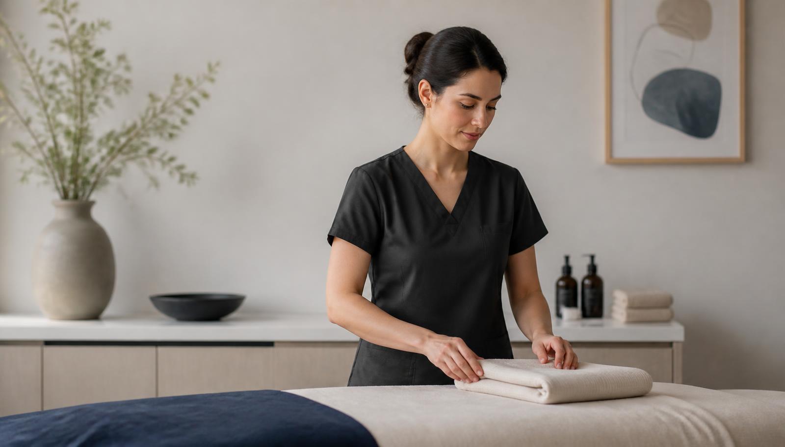 Practitioner preparing a calm, neutral treatment room in a US wellness practice