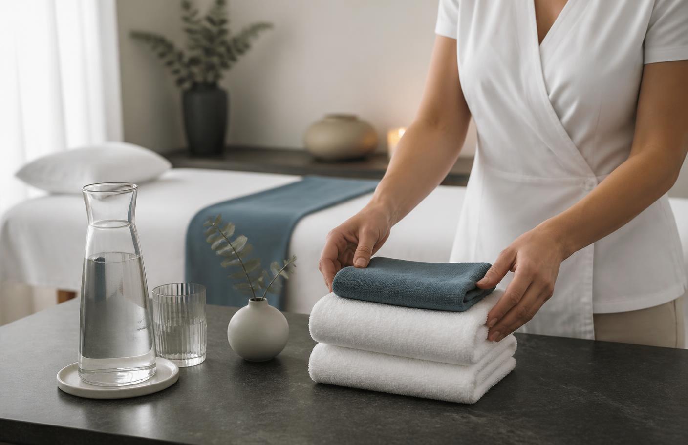 US practitioner workflow: clean linens and purified water prepared in a neutral treatment room