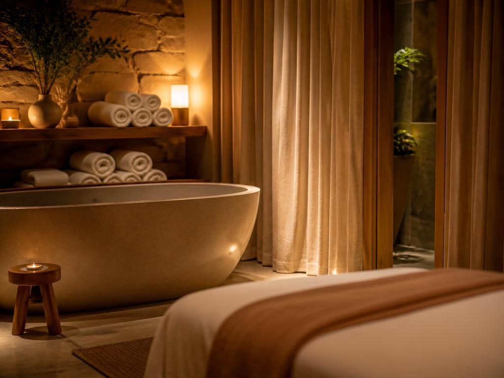 Quiet professional spa treatment room at the end of the day, with a stone soaking tub, rolled towels and low lamp light.