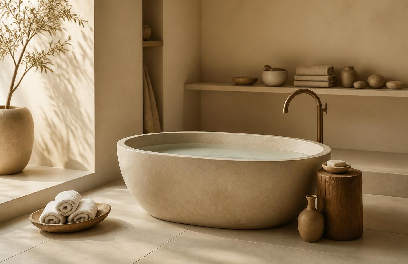 US spa workflow: prepared bath suite with purified water and neutral styling