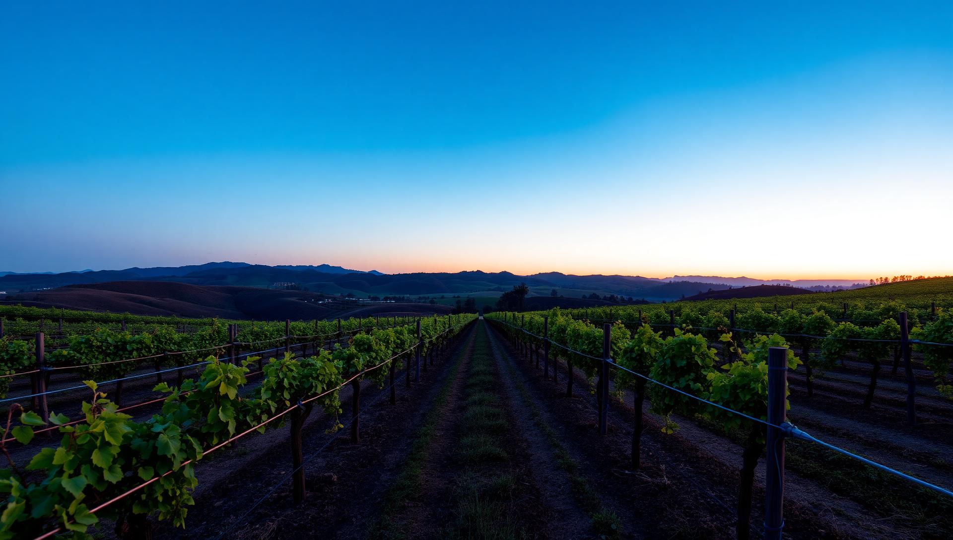 Vineyard rows at twilight with drip irrigation tubing along the vines and a deep blue evening sky over rolling hills